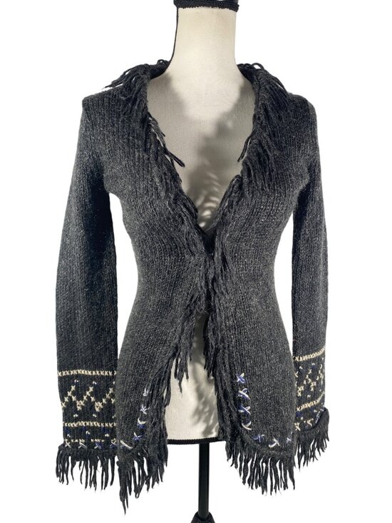 Free People Sweaters - Free People vintage Y2K Fringe Open Cardigan Sweater L Wool Blend Boho Embroider
